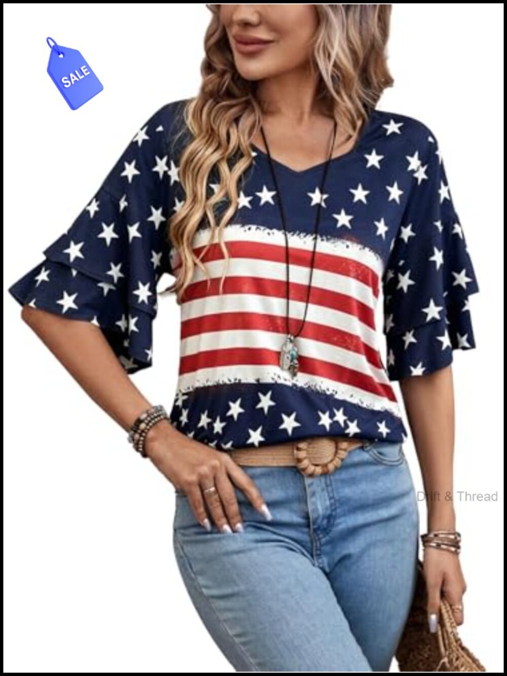 Womens Ruffle 3/4 Sleeve V-Neck Blouse Dressy Casual Tunic Top